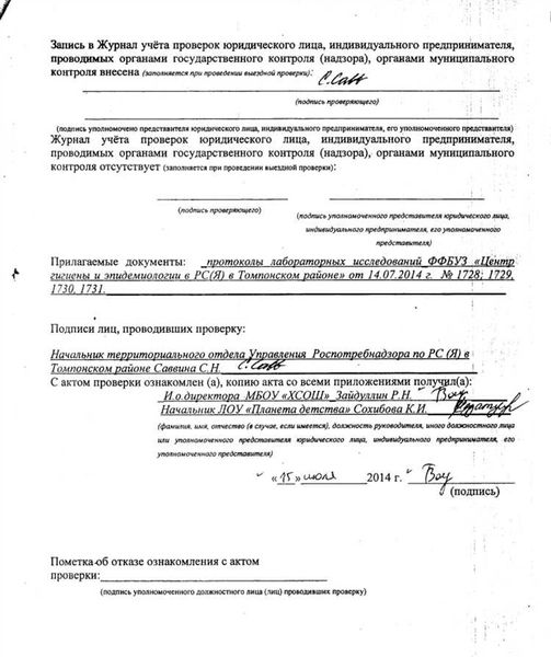 Акт проверки роспотребнадзора